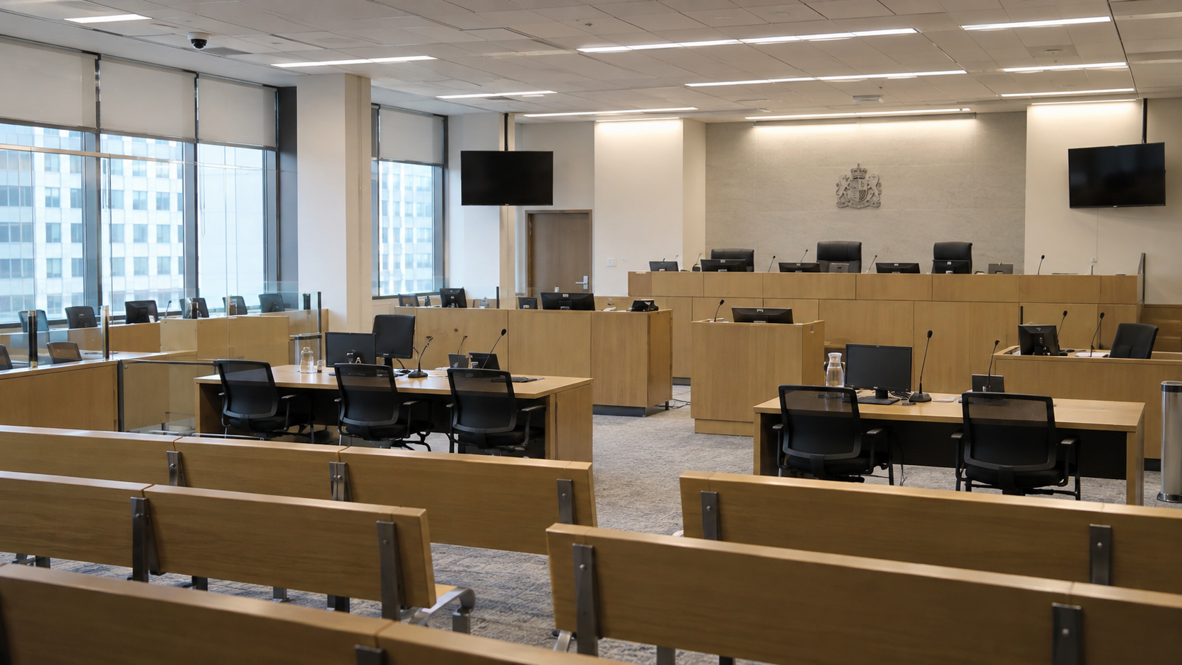 Modern courtroom prepared for complex legal proceedings