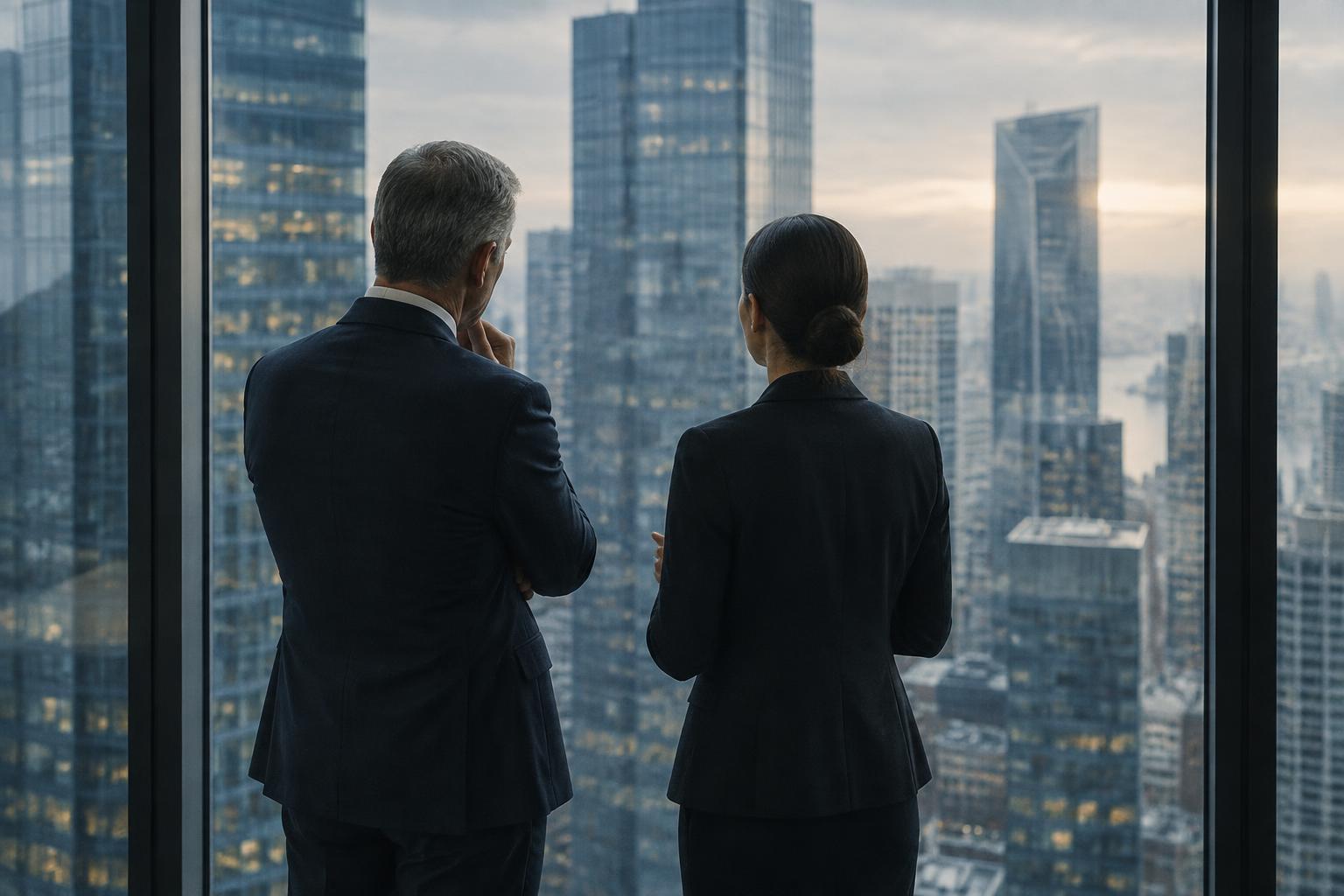 Executive advisers considering strategy beside an office window